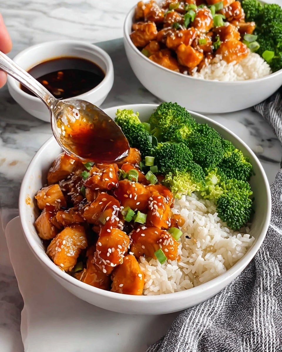 The image shows two white bowls placed on a white marbled surface with a grey striped cloth underneath. Each bowl has three layers: at the bottom, there is a base of white cooked rice with a fluffy texture, followed by a layer of glazed orange-brown chicken pieces cut into chunks. The chicken is topped with small white sesame seeds and bits of green onion. On one side of the bowl, vibrant green broccoli florets create a fresh contrast. A woman's hand holding a silver spoon is pouring a shiny, dark orange sauce over the chicken in the front bowl. Next to the bowls, there is a small white bowl filled with extra dark sauce. Photo taken with an iphone --ar 4:5 --v 7