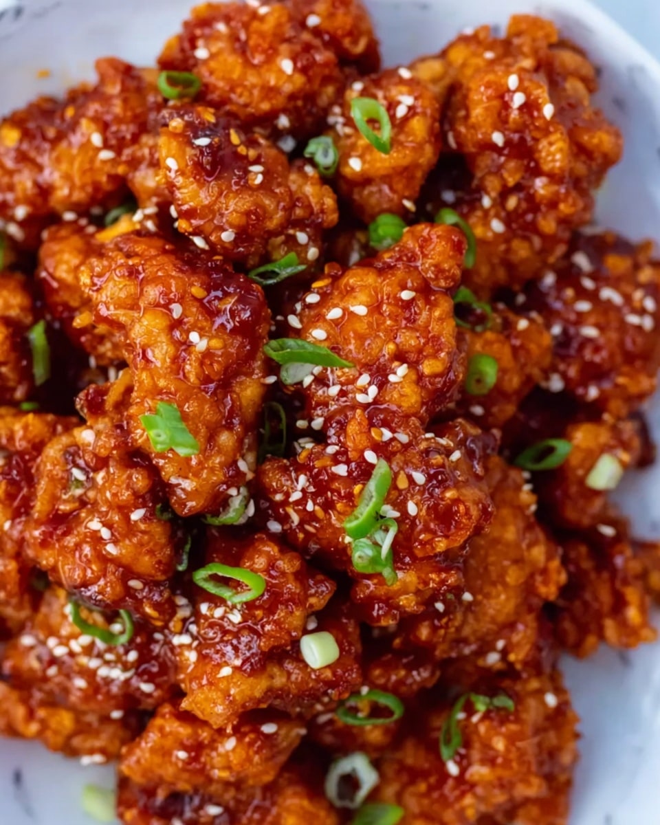 A close-up view of a pile of crispy, golden-brown fried pieces covered in a shiny reddish-orange sauce, sprinkled with small white sesame seeds and thinly sliced green onions. The texture of the fried pieces looks crunchy and the sauce gives them a slightly wet, glossy look, making the colors vibrant. The dish is placed on a white marbled surface with no plate visible. photo taken with an iphone --ar 4:5 --v 7