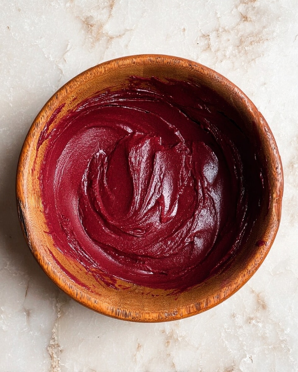 A wooden bowl filled with thick, smooth, dark red paste that has a shiny texture. The paste is spread unevenly inside the bowl with some swirling patterns visible. The bowl is on a white marbled surface. Photo taken with an iphone --ar 4:5 --v 7