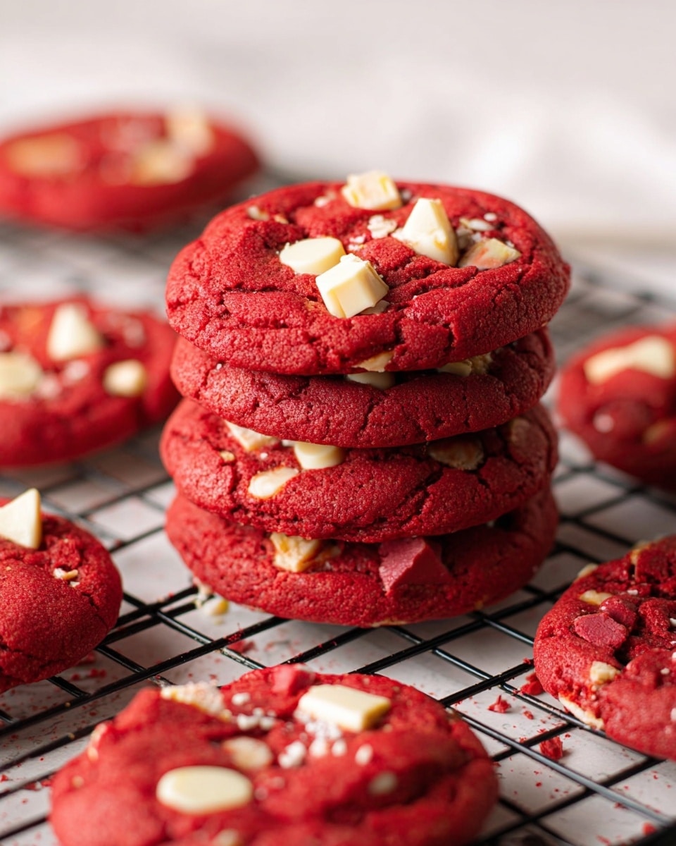 A pile of four bright red cookies stacked on top of each other, each cookie thick and slightly wrinkled with a chewy texture. The surface of the cookies is dotted with chunks of milk and white chocolate, some melted slightly into the cookie. Around the stack, more red cookies with similar chocolate pieces are spread on a black cooling rack set on a white marbled surface. The cookies are rich red color with a contrast of creamy white and light brown chocolate snippets photo taken with an iphone --ar 4:5 --v 7