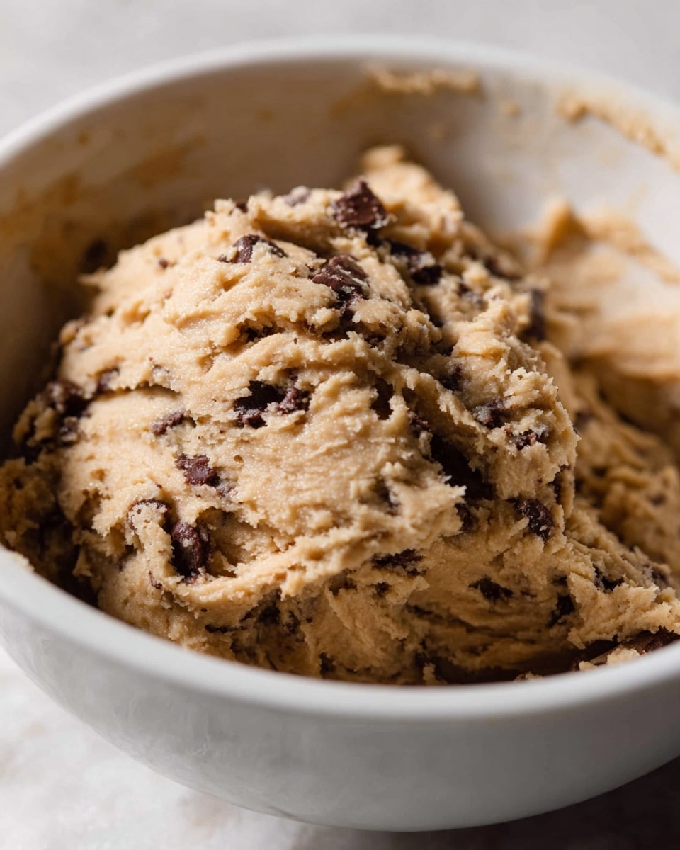 A close-up image of thick, creamy cookie dough with visible dark chocolate chunks mixed throughout. The dough is light brown with a soft, slightly textured surface that looks moist and dense, placed inside a white bowl with subtle shadows inside it. The white marbled texture background is softly blurred behind the bowl. photo taken with an iphone --ar 4:5 --v 7