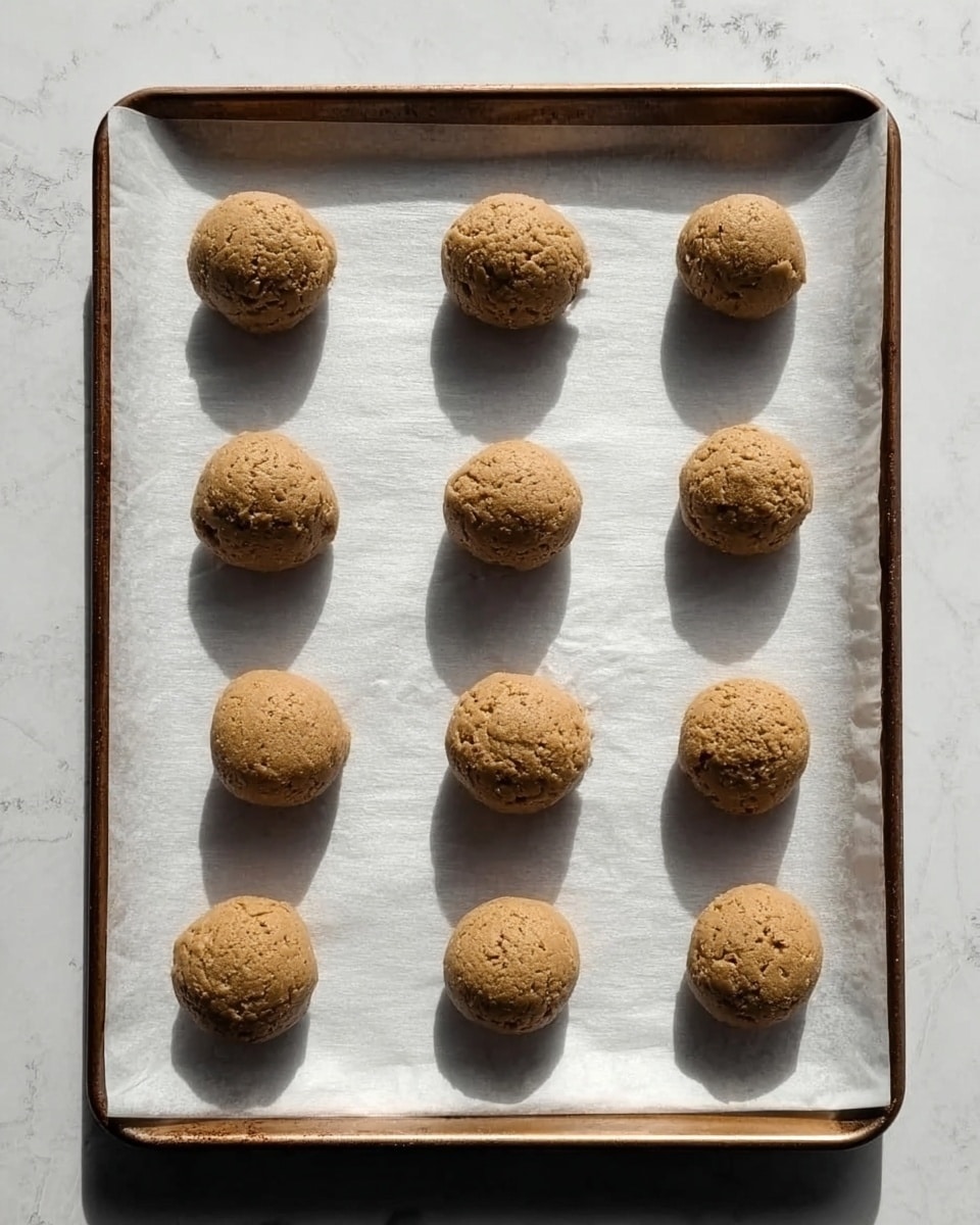 The image shows nine round, rough-textured cookie dough balls spaced evenly on a baking tray lined with white parchment paper. The dough balls are light brown and have a slightly crumbly surface. The tray rests on a white marbled surface, and the lighting highlights the texture and shapes of the dough balls. photo taken with an iphone --ar 4:5 --v 7