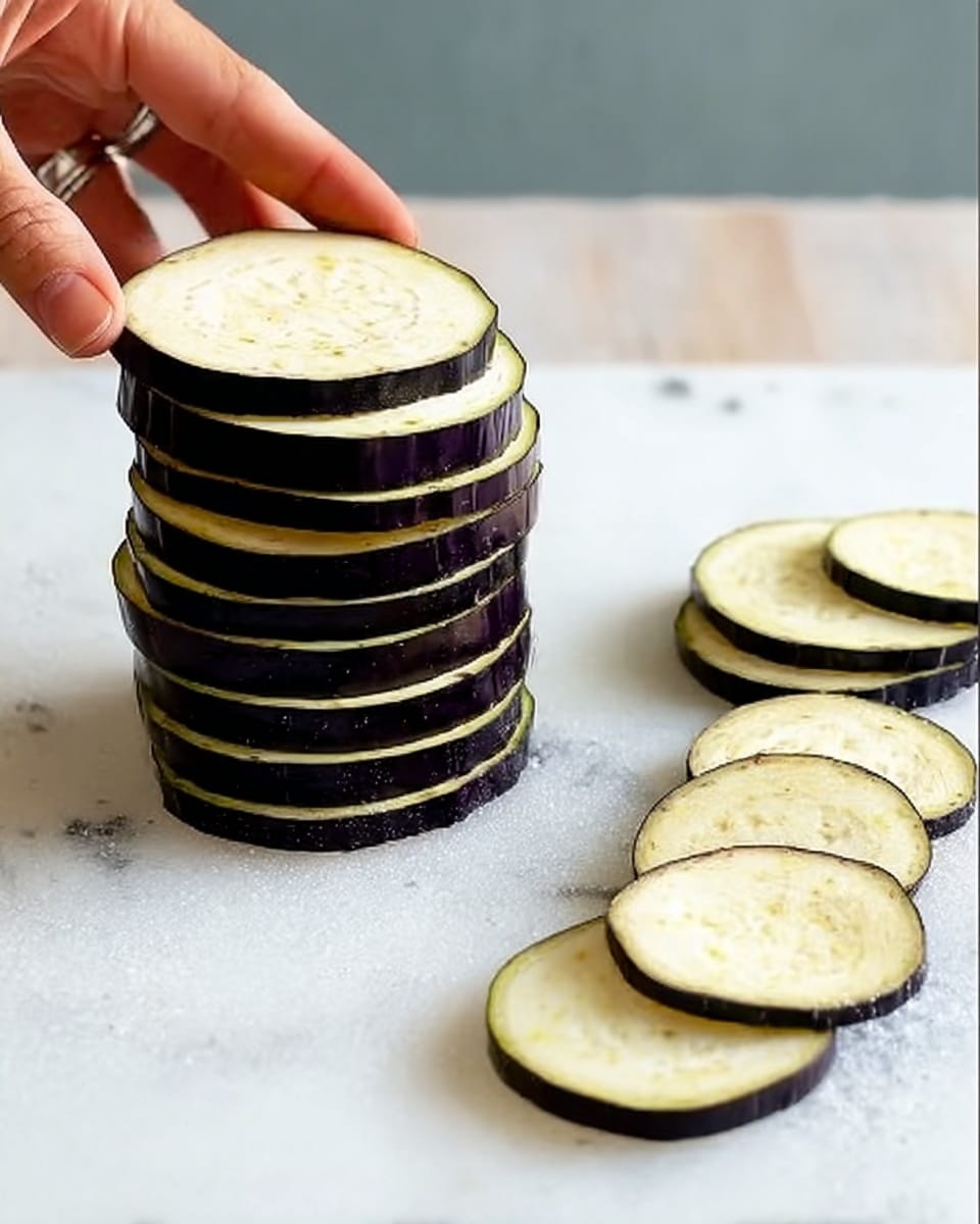The image shows a stack of eggplant slices placed on a white marbled surface. The eggplant is cut into several round slices arranged in a neat stack, with some slices separated and placed flat beside the stack to the right. A woman's hand is holding one eggplant slice on the left side of the image, about to add it to the stack. The eggplant slices have a light cream center with dark purple skin around the edge. The photo taken with an iphone --ar 4:5 --v 7