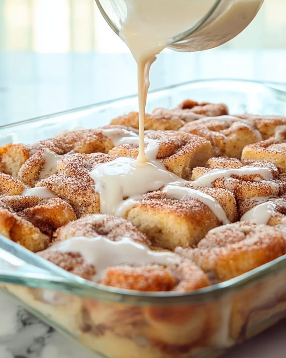 This image shows a glass baking dish filled with golden brown cinnamon rolls. The rolls are soft and fluffy with a slightly crispy top, sprinkled evenly with cinnamon powder. A creamy white icing is being poured over the rolls from above, slowly covering the uneven surface, pooling in the crevices between the layers of dough. The glass dish sits on a white marbled surface, and soft natural light shines from the background, highlighting the texture of the cinnamon rolls and the smoothness of the icing. photo taken with an iphone --ar 4:5 --v 7