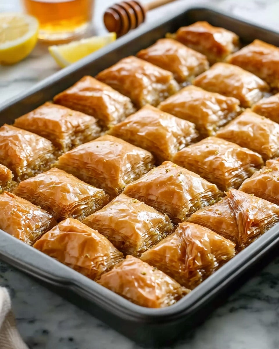The image shows a rectangular metal baking tray filled with a golden brown dessert cut into diamond-shaped pieces. The dessert has many thin, flaky layers with a shiny, crispy top. The pieces are closely packed, filling the tray completely. In the background, there is a white marbled surface with a wooden honey dipper and some lemon slices partially visible, adding a rustic touch. photo taken with an iphone --ar 4:5 --v 7