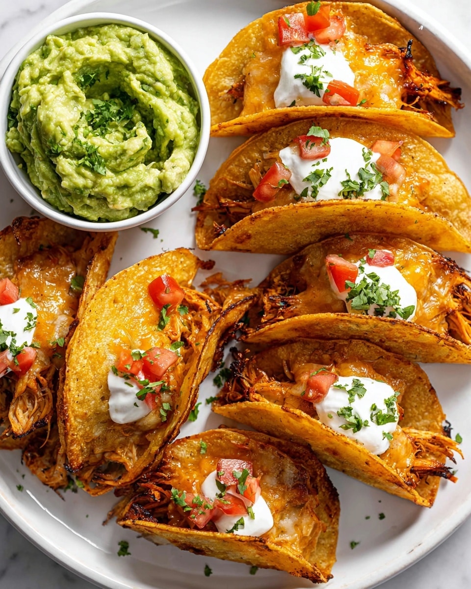 The image shows seven small tacos arranged on a round white plate with a white marbled background. Each taco has one corn tortilla, golden brown with a crispy texture, folded in half. Inside is a layer of melted orange cheese mixed with shredded chicken, slightly burnt on the edges. Three tacos are topped with a dollop of white sour cream and small red tomato pieces, along with some chopped green cilantro sprinkled all over. On the top left side of the plate is a small white bowl filled with thick, green guacamole garnished with herbs. The overall scene is bright and colorful with a fresh and tasty look. photo taken with an iphone --ar 4:5 --v 7