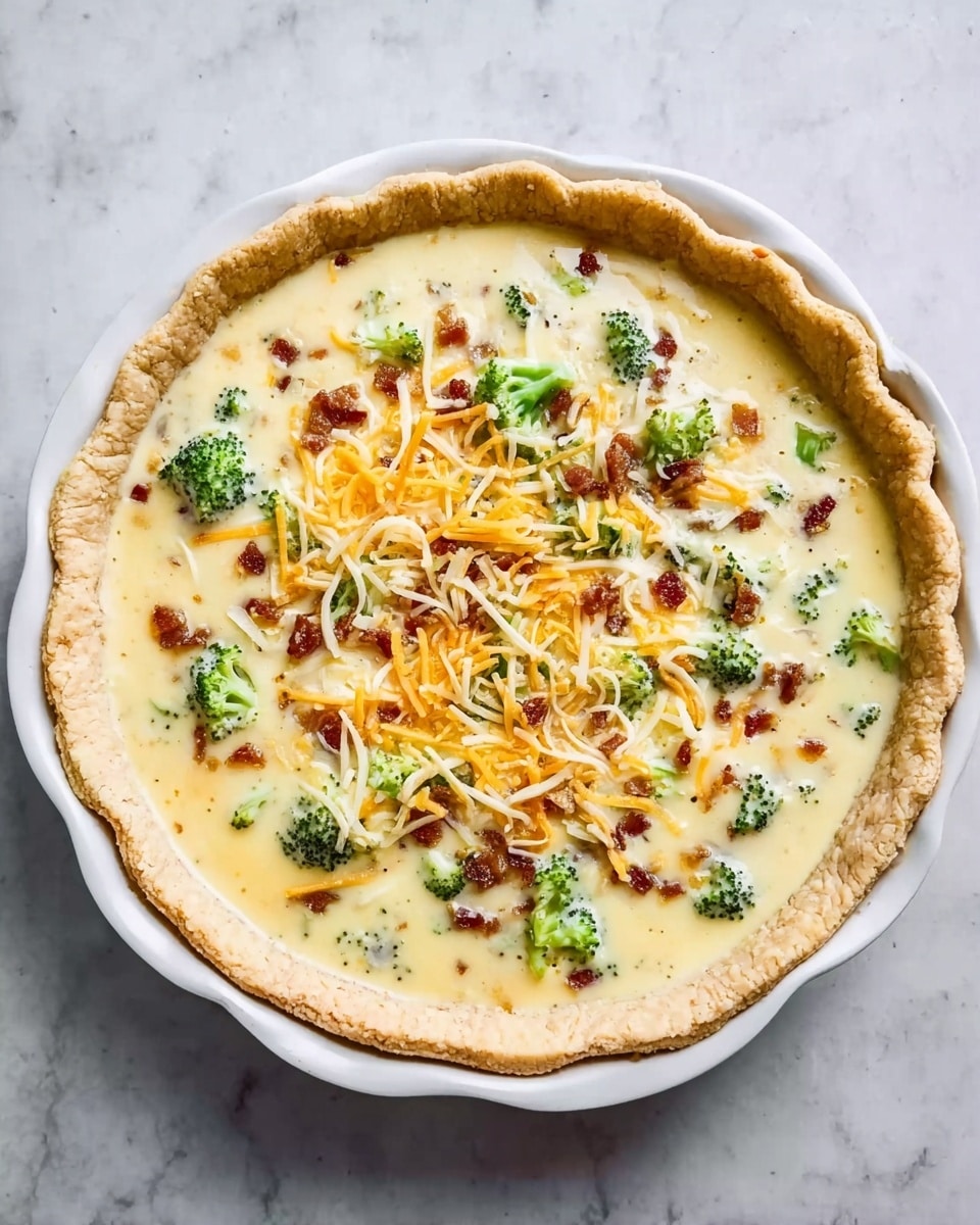 A white pie dish holds an uncooked quiche with a thick, golden-brown crust featuring a crimped edge. Inside, the quiche filling is pale yellow and smooth, with small pieces of green broccoli scattered evenly throughout. There are also bits of browned bacon and sprinkled shredded cheese in shades of white and orange spread across the top. The pie dish sits on a white marbled surface, creating a clean and bright background. photo taken with an iphone --ar 4:5 --v 7