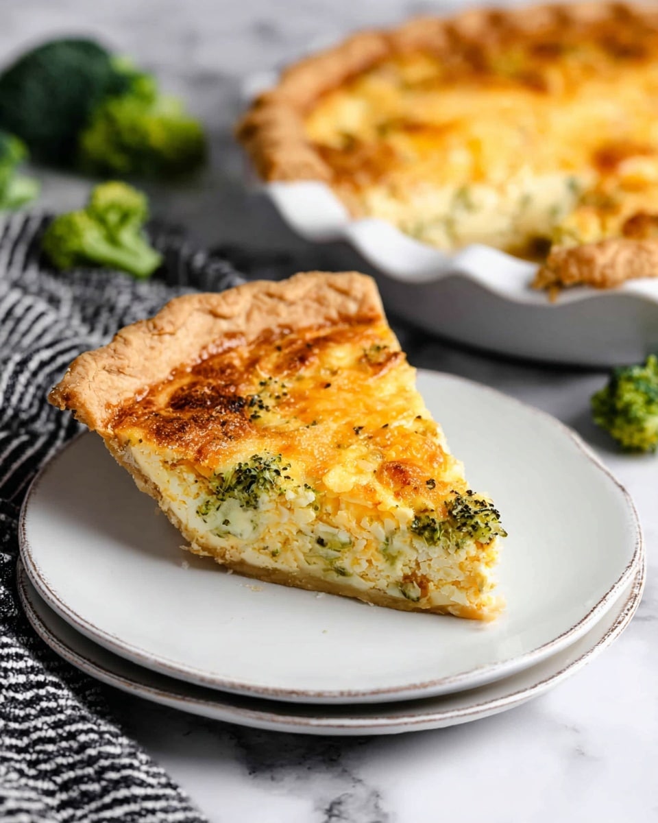 The image shows a round quiche with a golden-brown crust that has a crimped edge all around. The top layer is a mix of melted cheese with brown spots and bright green broccoli pieces spread evenly inside the creamy filling, which is a light yellow color. The quiche sits on a white plate placed on a white marbled surface. Nearby, there is a striped cloth, some utensils, and partially visible white plates in the background. photo taken with an iphone --ar 4:5 --v 7