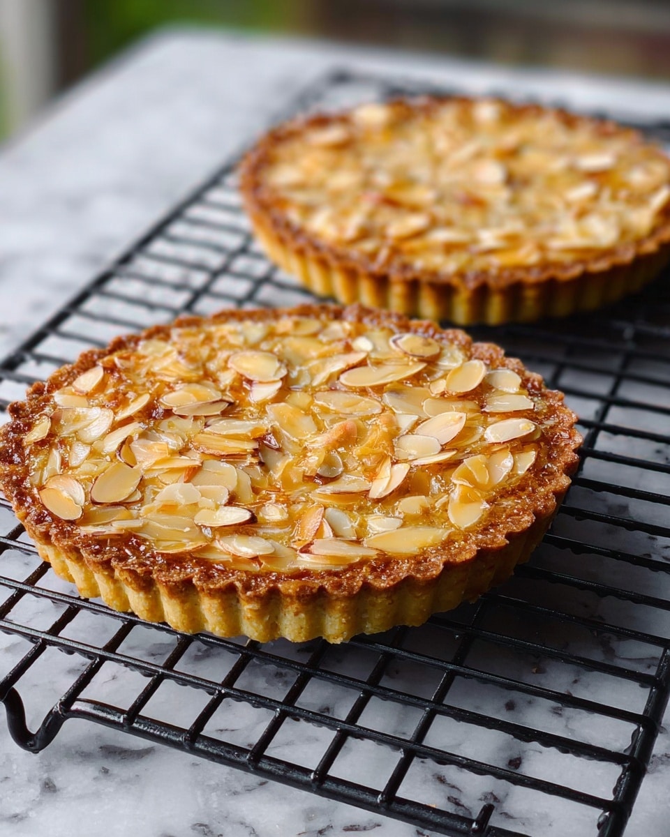 The image shows two round tarts placed on a black cooling rack. Each tart has a golden-brown crust with fluted edges and a topping of thinly sliced almonds layered evenly across the surface, giving a textured look. The almond topping appears shiny and slightly toasted with light to medium brown tones. The cooling rack is set on a white marbled surface, creating a clean and bright contrast to the warm colors of the tarts. The background is softly blurred, focusing attention on the tarts themselves. photo taken with an iphone --ar 4:5 --v 7