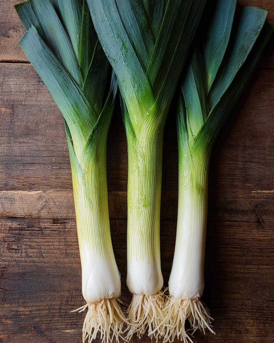Three fresh leeks lie side by side on a wooden surface. Each leek has a white bulb at the bottom with fine, thin roots extending outward, transitioning to a light green middle section, and ending in long, dark green, wide leaves at the top. The texture shows clear ridges on the white bulbs and a smooth, slightly shiny look on the leaves. Tiny droplets of water are visible on the dark green leaves, adding a fresh appearance. photo taken with an iphone --ar 4:5 --v 7