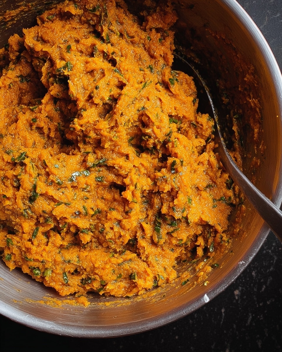 A close-up top view of a large metal bowl filled with a chunky orange mixture with green herb bits evenly mixed in, showing a thick, coarse texture with some visible small lumps and a metal spoon resting on the side inside the bowl. The bowl is placed on a dark surface but replaced by white marbled texture. photo taken with an iphone --ar 4:5 --v 7