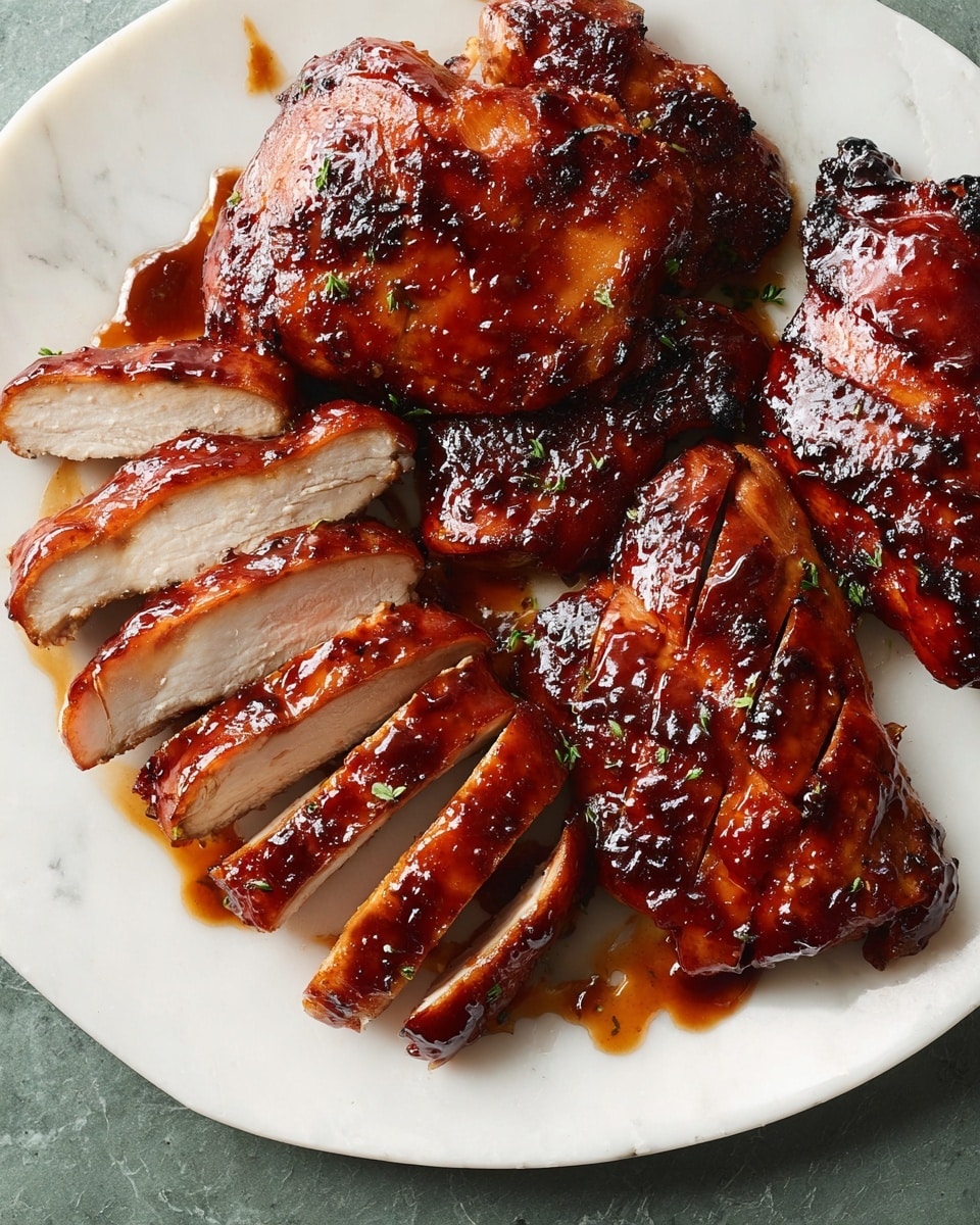 On a white plate with a white marbled texture background, there are five pieces of cooked chicken with a shiny, dark brown glaze. Four pieces are whole with a slightly glossy, textured surface showing some grill marks, while one large piece in the middle is sliced into seven evenly thick pieces, revealing the white, tender inside contrasting with the rich brown outside. The chicken looks moist and coated with a thick, sticky sauce that reflects light. Some sauce has dripped onto the plate around the chicken. Photo taken with an iphone --ar 4:5 --v 7