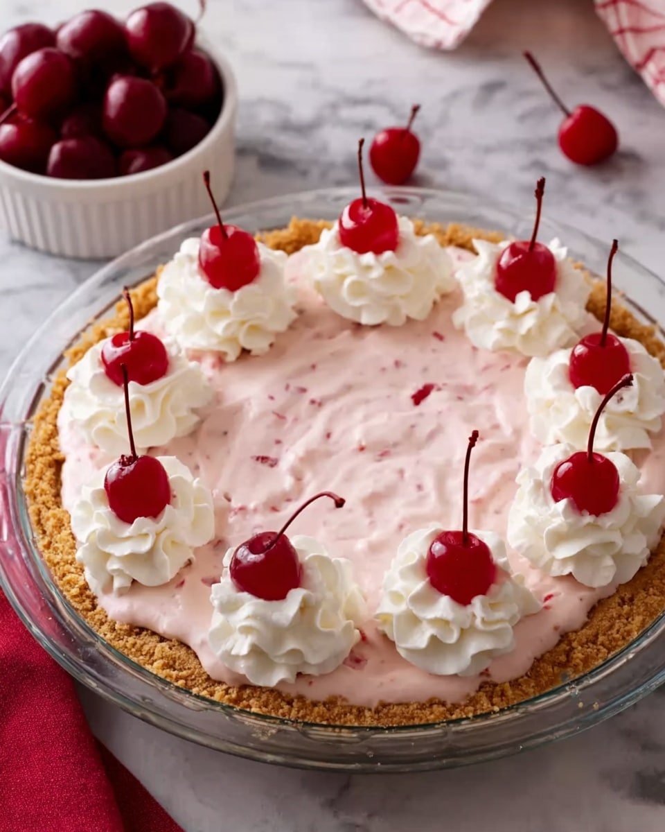 A clear glass pie dish filled with a creamy pink filling that looks smooth with bits of red inside, topped with seven fluffy white swirls of whipped cream arranged in a circle near the edge, each swirl holding a bright red cherry with a long stem. The crust is golden brown and wraps the filling evenly. The dish sits on a white marbled surface with a small white bowl full of cherries in the background and a red cloth partially visible. photo taken with an iphone --ar 4:5 --v 7