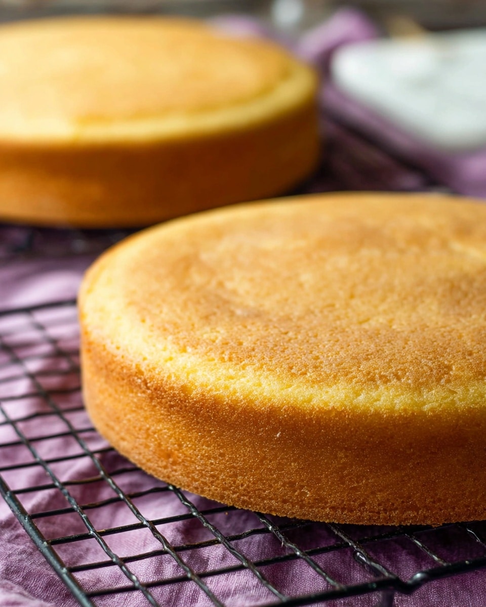 The image shows two round, golden yellow cake layers cooling on black wire racks over a soft purple cloth. The cakes have a smooth, slightly textured top and firm edges, with an even light brown color all around. One cake is in the foreground, taking up most of the frame, while the other is blurred in the background. There is also a white marbled surface visible on the right side of the image. Photo taken with an iphone --ar 4:5 --v 7