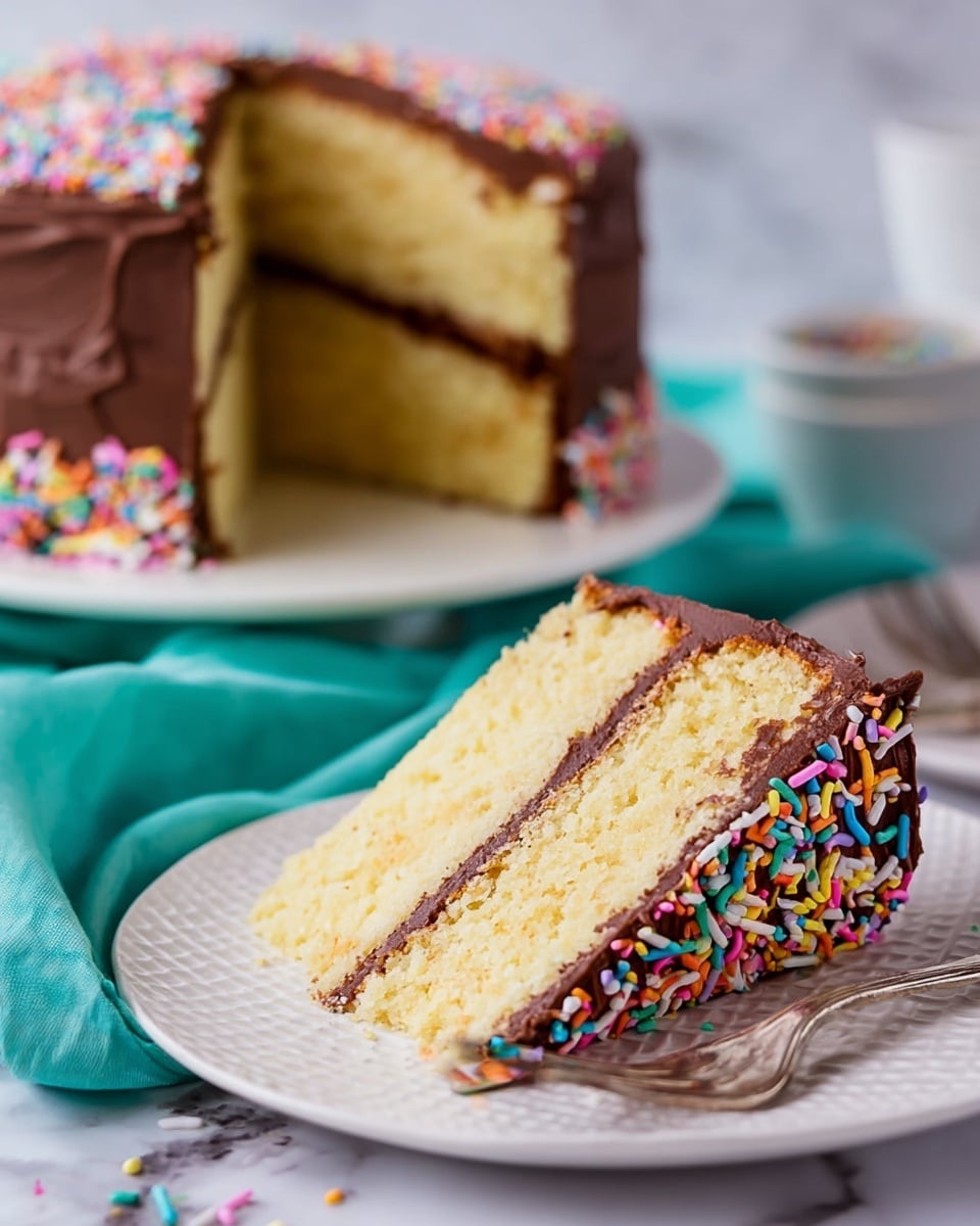 The image shows a slice of two-layer yellow cake on a white textured plate, each cake layer is light yellow and fluffy. Between the two layers is a thick middle layer of smooth dark brown chocolate frosting, which also covers the outside of the slice. There are colorful round and rod sprinkles decorating the side frosting. The slice is placed on a white marbled surface with a teal cloth and a silver fork nearby. In the background, the full cake with the same chocolate frosting and sprinkles is slightly out of focus. Photo taken with an iphone --ar 4:5 --v 7