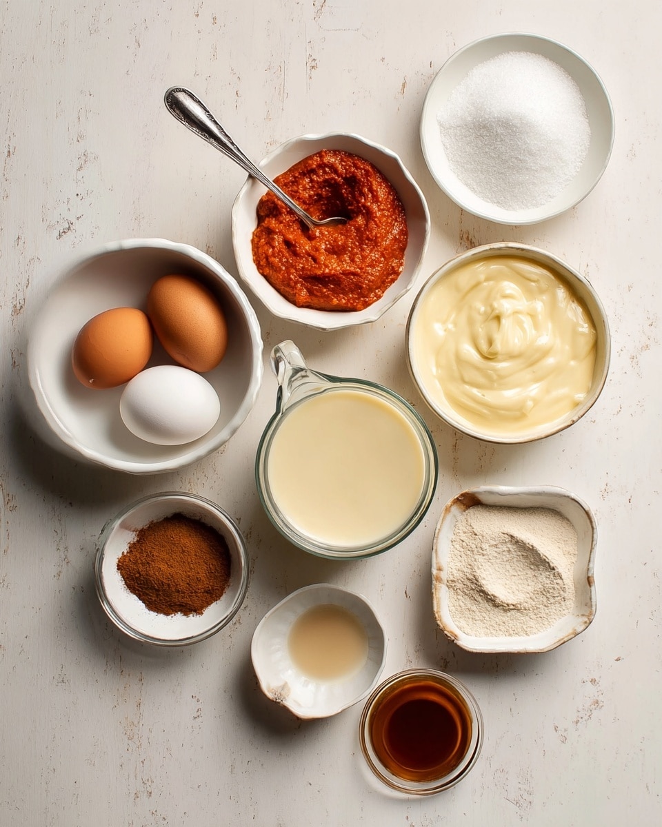 The image shows several small white bowls and a glass measuring cup arranged on a white marbled surface. There are three raw eggs in one bowl, a bowl with an orange-red thick paste and a spoon inside, a bowl with white granulated sugar, and a bowl with a light beige creamy liquid. The glass measuring cup holds a larger amount of a similar light beige liquid. Another white bowl contains a pale yellow creamy mixture. A couple of small white ceramic dishes hold brown and off-white powders, and a small bowl has a dark amber liquid, likely vanilla extract. The ingredients are spread out neatly and thoughtfully with soft lighting. Photo taken with an iphone --ar 4:5 --v 7