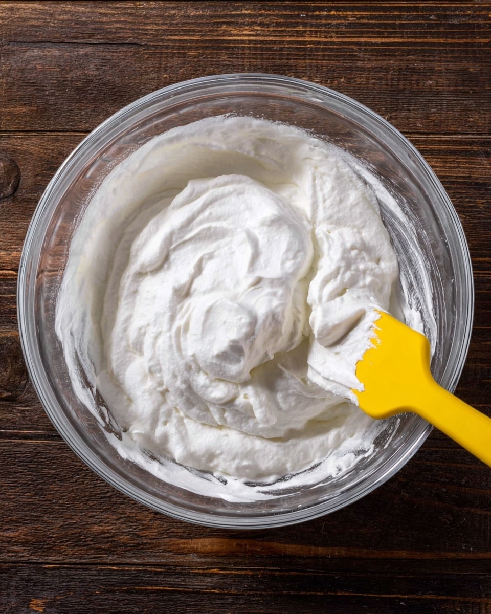 A clear glass bowl filled with thick, white, fluffy whipped mixture with a soft, slightly bumpy texture. Inside the bowl, a bright yellow spatula rests on the right side, partially covered with the white mixture. The bowl sits on a dark brown wooden surface with visible grain. The mixture looks dense but airy, with soft peaks and swirls from mixing. photo taken with an iphone --ar 4:5 --v 7