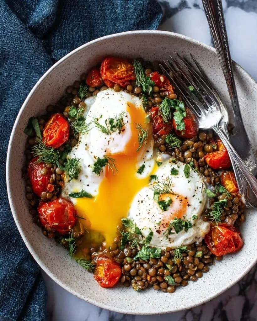 Mediterranean Braised Lentils with Poached Eggs Recipe