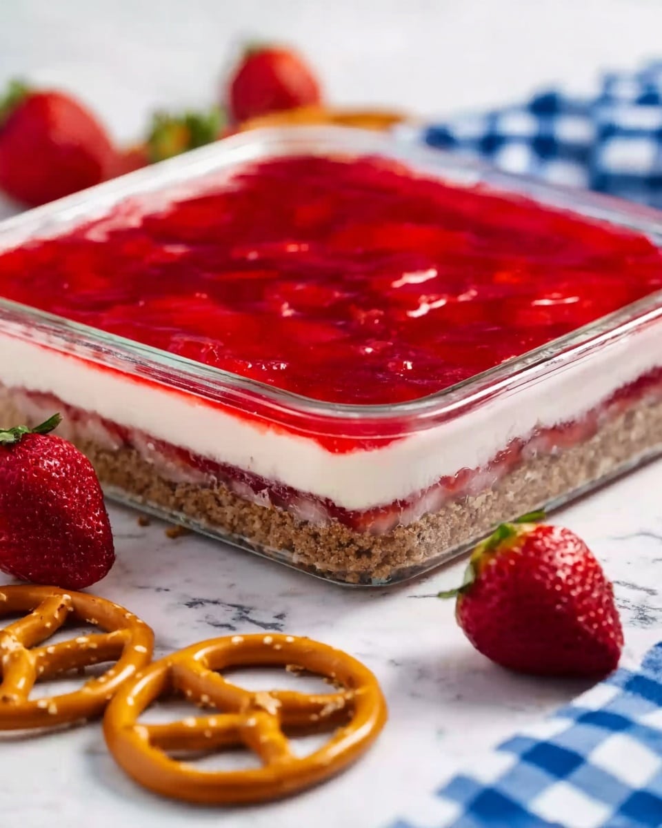 The image shows a clear glass square dish with a layered dessert. The bottom layer is a brown crumbly crust, above it is a smooth white creamy layer, followed by a vibrant red jelly layer on top. The jelly layer has some visible pieces of strawberry inside. Around the dish on a white marbled surface lay some fresh red strawberries and two golden-brown pretzels. A blue and white checkered cloth is partly visible on the right side. photo taken with an iphone --ar 4:5 --v 7