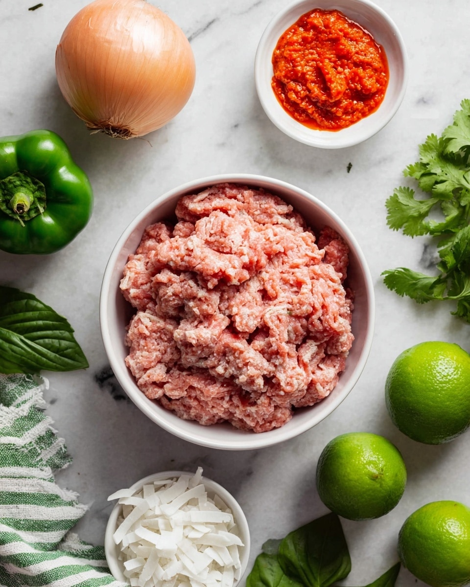 In the center, there is a white bowl filled with raw ground meat that has a pinkish color and a soft, slightly chunky texture. Around it, ingredients are arranged on a white marbled surface: at the top left, a whole onion with pale orange skin; nearby, a small white bowl containing bright red paste with a thick texture; on the right, two whole bright green limes next to fresh green cilantro leaves; below to the left, a shiny green bell pepper; at the bottom left, a small white bowl filled with shredded white coconut; and some dark green fresh basil leaves near the bottom right corner. A white and green striped cloth is partly visible on the lower left side. photo taken with an iphone --ar 4:5 --v 7