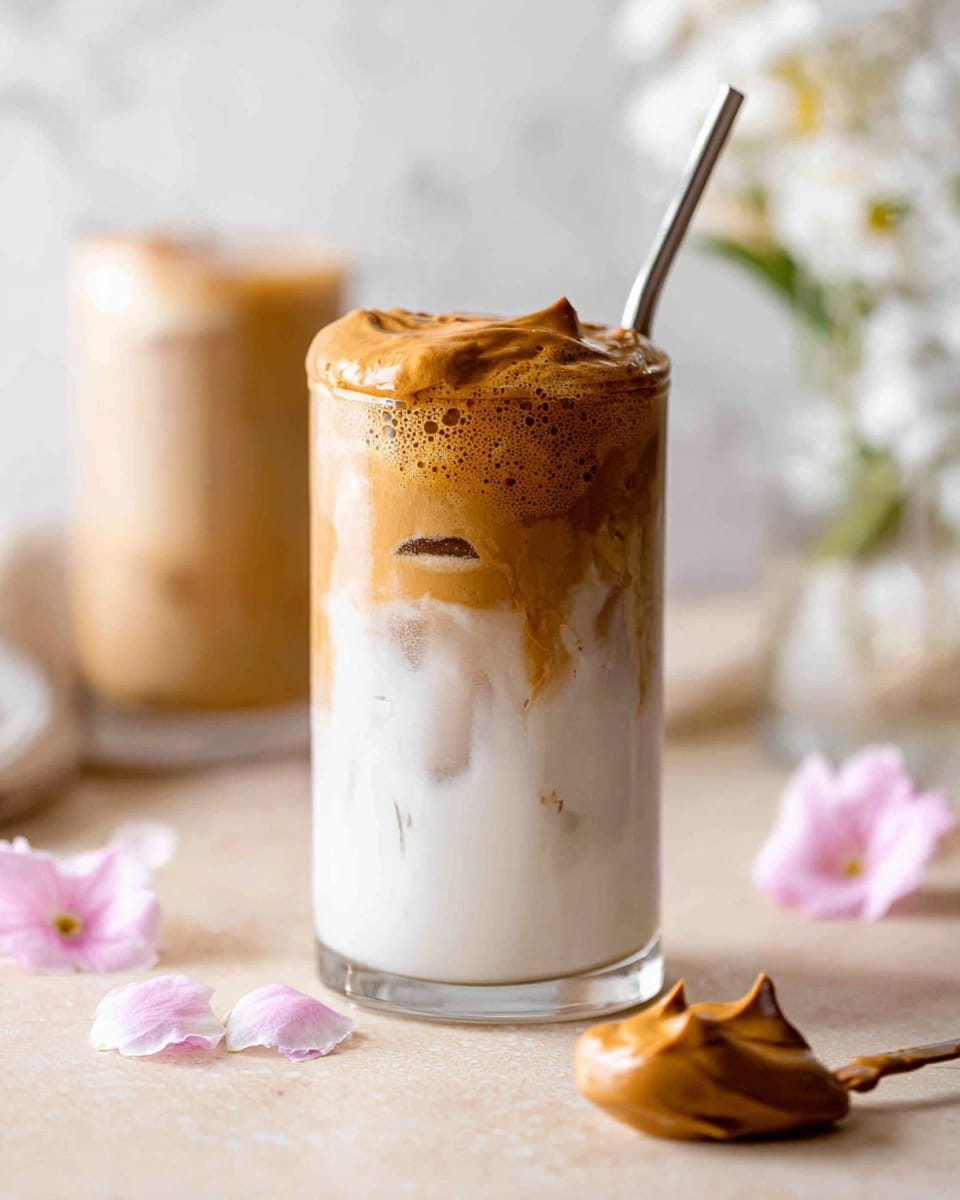 A clear glass filled with three layers: at the bottom, there is a thick white milk layer; above it is a thin layer where the milk and dark brown coffee mix giving a swirled light brown color; the top layer is a thick, frothy coffee foam in a rich caramel brown color, piled high with a smooth, creamy texture. A metal straw is placed inside the glass, angled to the left. The glass sits on a light-colored surface with scattered pink flower petals, and behind, there are soft-focus flowers in white and peach tones against a white marbled background. Photo taken with an iphone --ar 4:5 --v 7