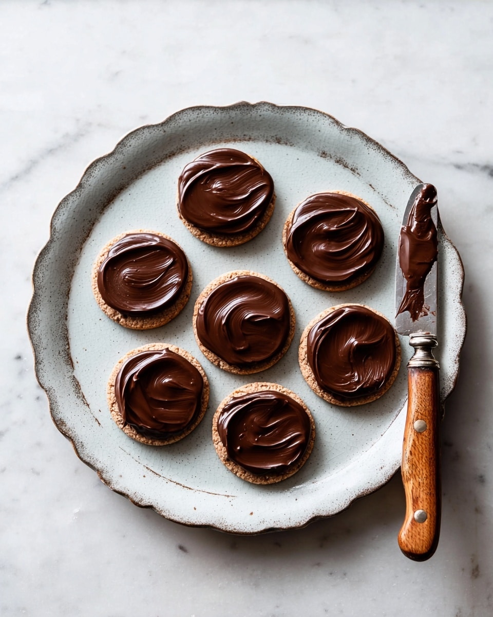 A rustic white plate with a scalloped edge holds eight round cookies, each topped with a smooth, thick layer of dark chocolate spread that has slight swirls. The cookies are evenly spaced on the plate, which sits on a white marbled surface. To the right of the plate, there is a wooden-handled butter knife resting on the surface, its blade covered in the same dark chocolate spread. The overall look is simple and inviting, with a soft, natural light. photo taken with an iphone --ar 4:5 --v 7
