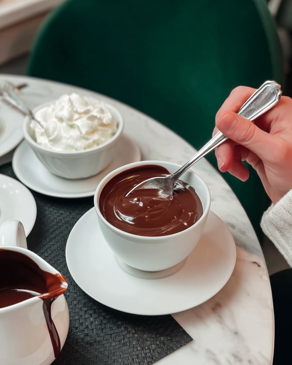 A white cup filled with thick, smooth dark chocolate pudding sits on a white saucer at the center, with a woman's hand holding a silver spoon inside the pudding. To the left, there is a white small bowl of light-colored whipped cream and a white creamer pot overflowing with dark chocolate sauce dripping slightly down its side. The items are placed on a white marbled surface next to a black textured area, with a green velvet chair in the background. Photo taken with an iphone --ar 4:5 --v 7