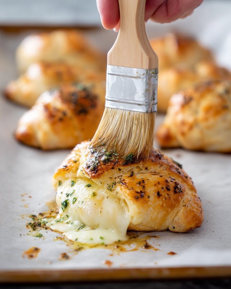 The image shows a close-up of a golden brown pastry with melted cheese oozing out from one side, sitting on white parchment paper over a tray. A woman's hand holds a wooden brush spreading green herbs mixed with oil on the top of the pastry. The pastry has a flaky texture with specks of seasoning, and a few more similar pastries are blurred in the background on the same white marbled surface. photo taken with an iphone --ar 4:5 --v 7
