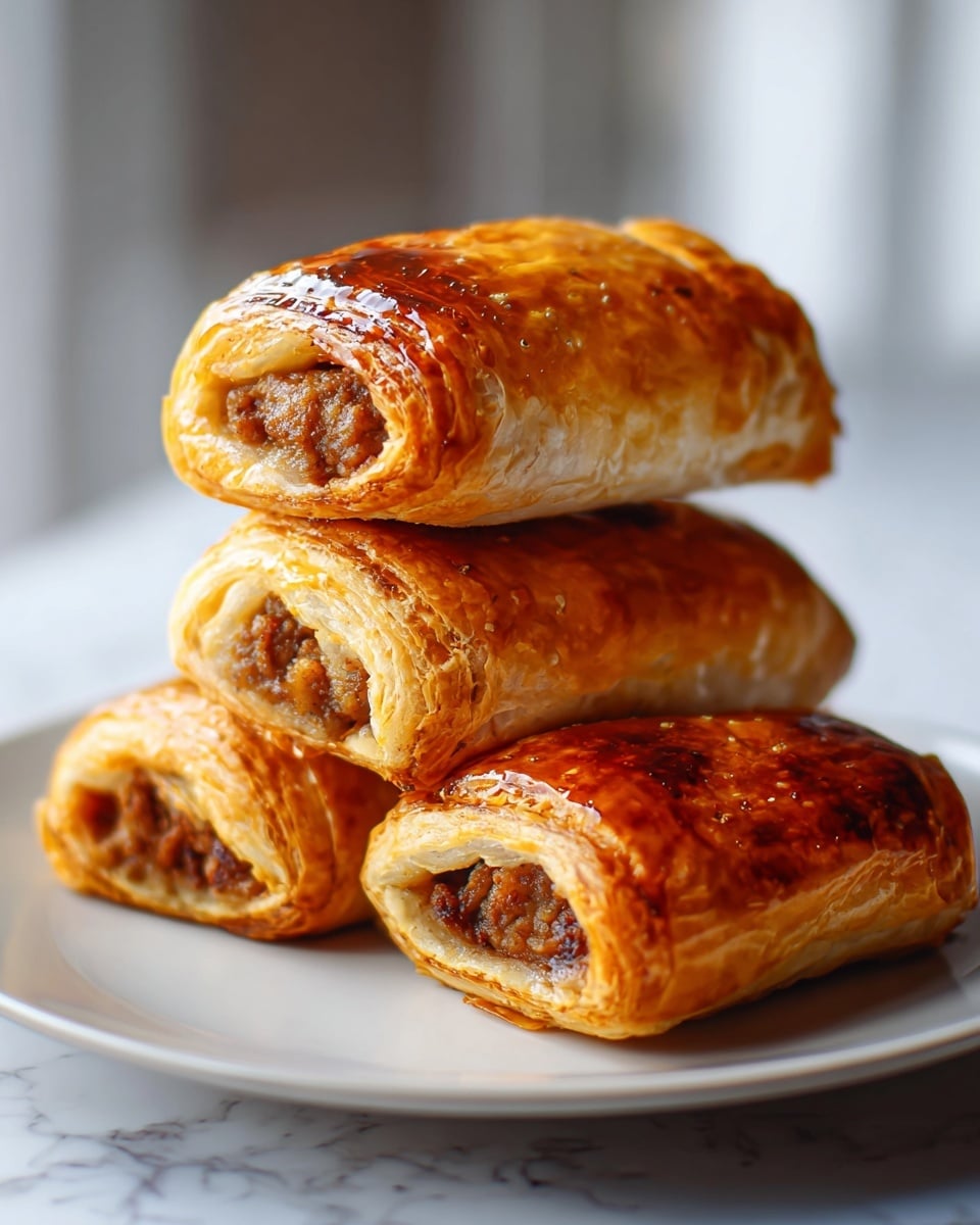 Four golden brown sausage rolls with shiny, flaky puff pastry layers are stacked on a white plate. The rolls are a rich amber color with some darker baked spots on top. The cut ends reveal a meaty, brown filling inside the soft, light layers of the pastry. The plate sits on a white marbled surface with soft, natural lighting highlighting the textures and gloss of the rolls. photo taken with an iphone --ar 4:5 --v 7
