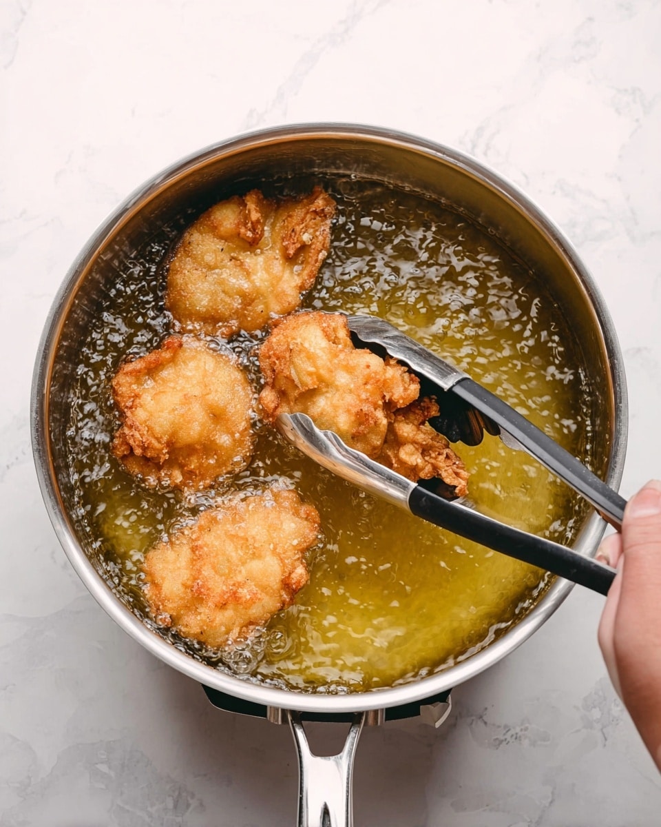 A silver pot is filled with hot oil, inside which three golden brown fried pieces float and cook. A woman's hand holds black and silver tongs lifting one crispy, irregularly shaped piece out of the oil. The oil bubbles gently around the pieces, and the pot sits on a white marbled surface. photo taken with an iphone --ar 4:5 --v 7