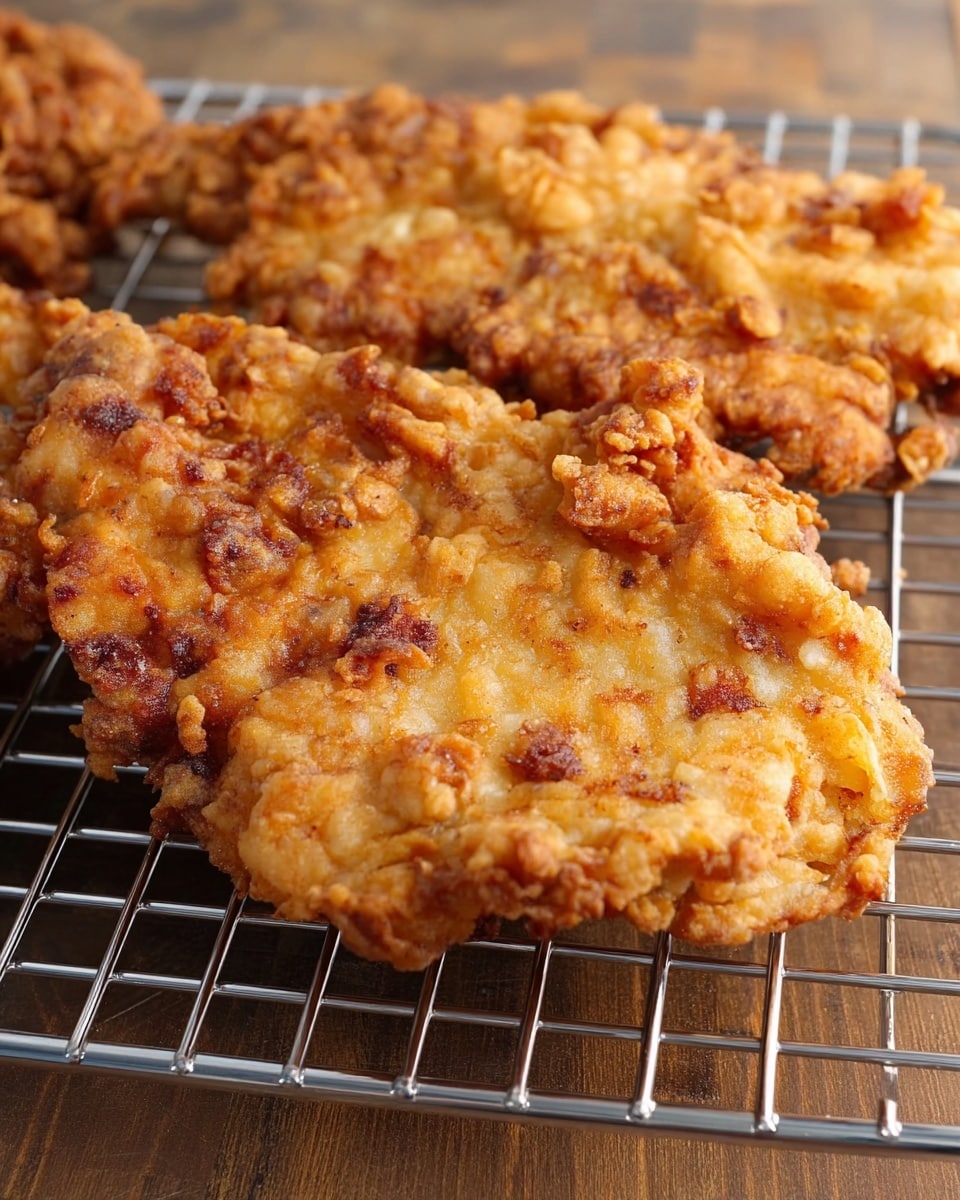 The image shows a close-up of two pieces of golden-brown fried chicken with a rough, crispy texture. The chicken pieces are unevenly shaped with a crunchy outer layer that has darker brown spots where the batter has cooked more. They rest on a silver cooling rack with bars running horizontally and vertically, which sits on a wooden surface. The hearty, crunchy appearance of the chicken’s coating is prominent with small crumbled bits of fried batter around the edges. photo taken with an iphone --ar 4:5 --v 7