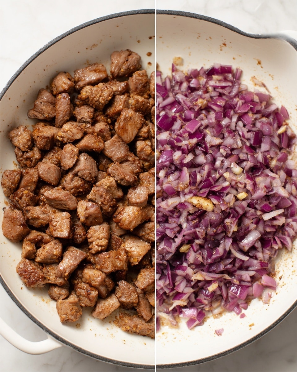 The image shows two white enamel pans placed side by side on a white marbled surface. The left pan is filled with many small, brown, seared chunks of cooked meat, each piece having a rough, slightly crispy texture. The right pan contains finely chopped red onions being lightly cooked, showing a mix of translucent and purple pieces spread evenly across the pan's surface, with some small bits of garlic mixed in. Both pans have a simple, clean look with slight browning on the food indicating a cooking process. Photo taken with an iphone --ar 4:5 --v 7