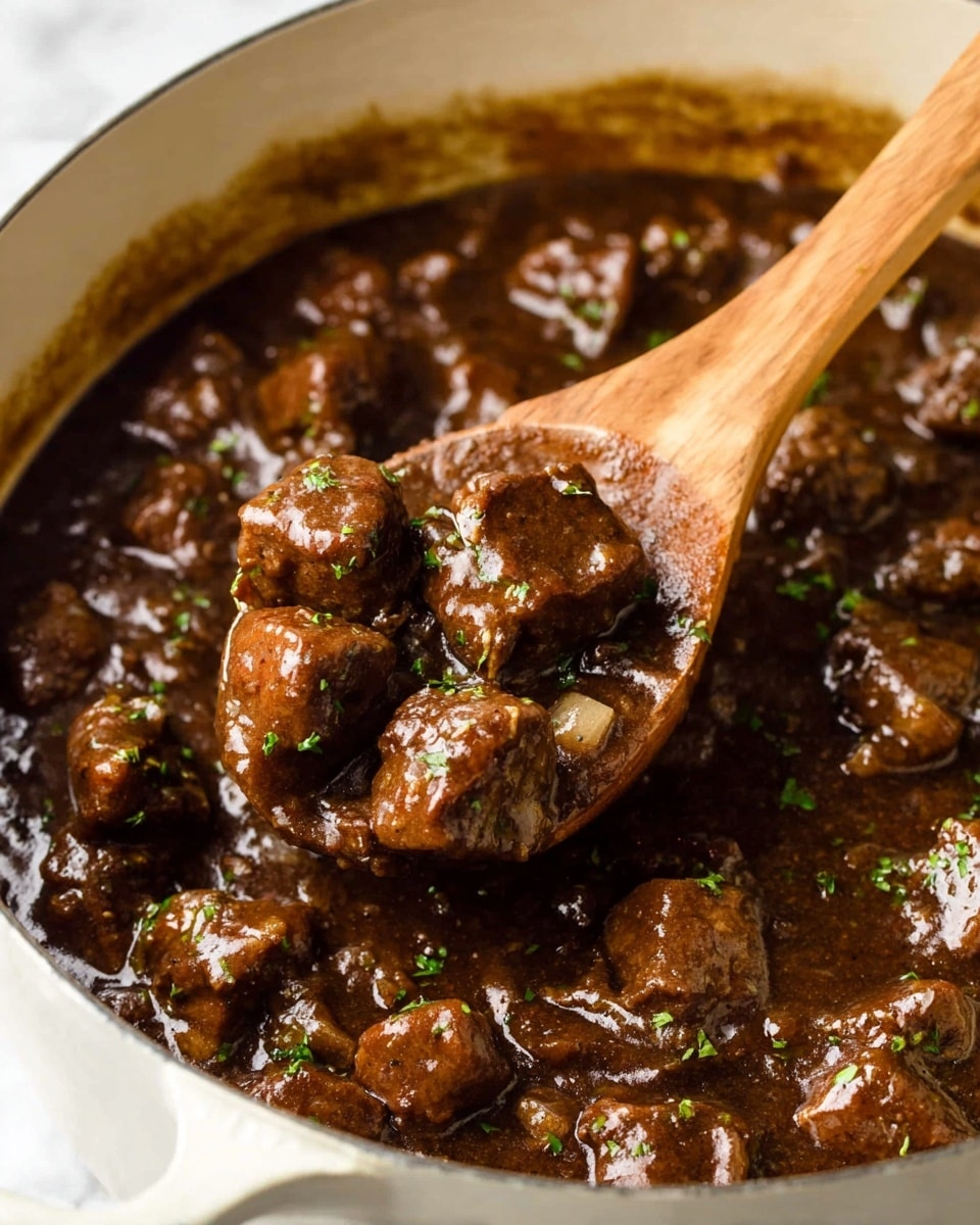 The image shows a close-up view of a large white pot filled with dark brown stew. The stew contains many chunky pieces of tender meat, each coated in a rich, glossy sauce that looks thick and smooth. Small bits of translucent onions and tiny green herb sprinkles are scattered throughout the stew, adding texture and color contrast. A wooden spoon with a smooth texture is lifting a spoonful of the stew from the pot, showing the hearty pieces and sauce clearly. The background is a white marbled surface that highlights the warm tones of the dish. Photo taken with an iphone --ar 4:5 --v 7