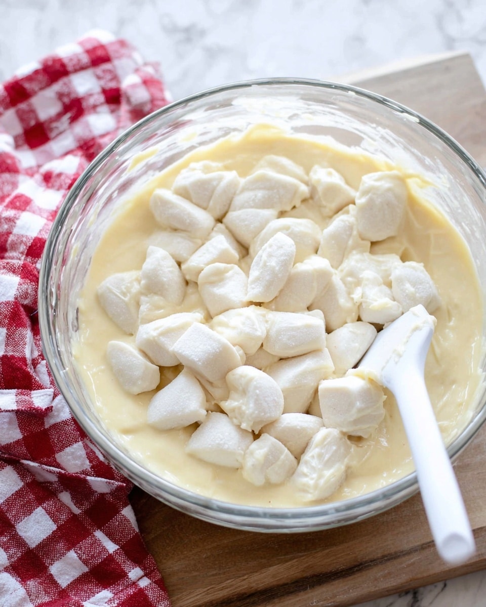 A clear round glass bowl holds two layers: the bottom layer is smooth, light yellow batter with a slightly creamy texture, and the top layer has many pieces of white dough chunks spread evenly across the batter. A white spatula is resting inside the bowl on the right side. The bowl sits on a wooden surface with a red and white checked cloth partially visible on the left side, all set against a white marbled texture background. Photo taken with an iphone --ar 4:5 --v 7