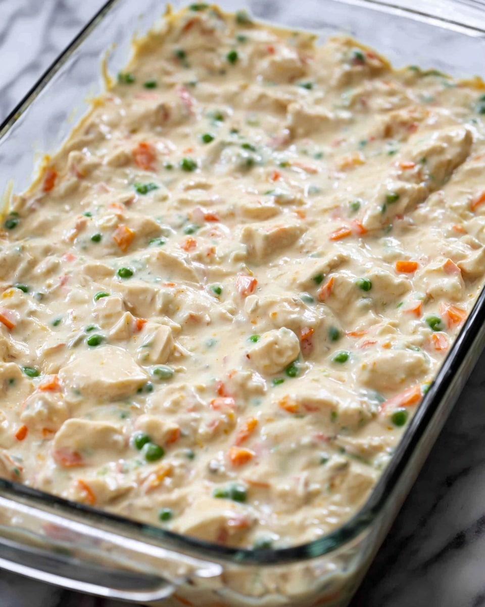 A close-up view of a single-layer creamy casserole in a clear glass baking dish, filled with white, rich sauce mixed with small green peas, orange carrot pieces, and white chunks of chicken, all blended into a thick, smooth texture. The casserole layer looks soft and hearty, with a mix of small vegetable bits and larger chicken pieces evenly spread through the sauce. The glass baking dish sits on a background with white marbled texture. Photo taken with an iphone --ar 4:5 --v 7