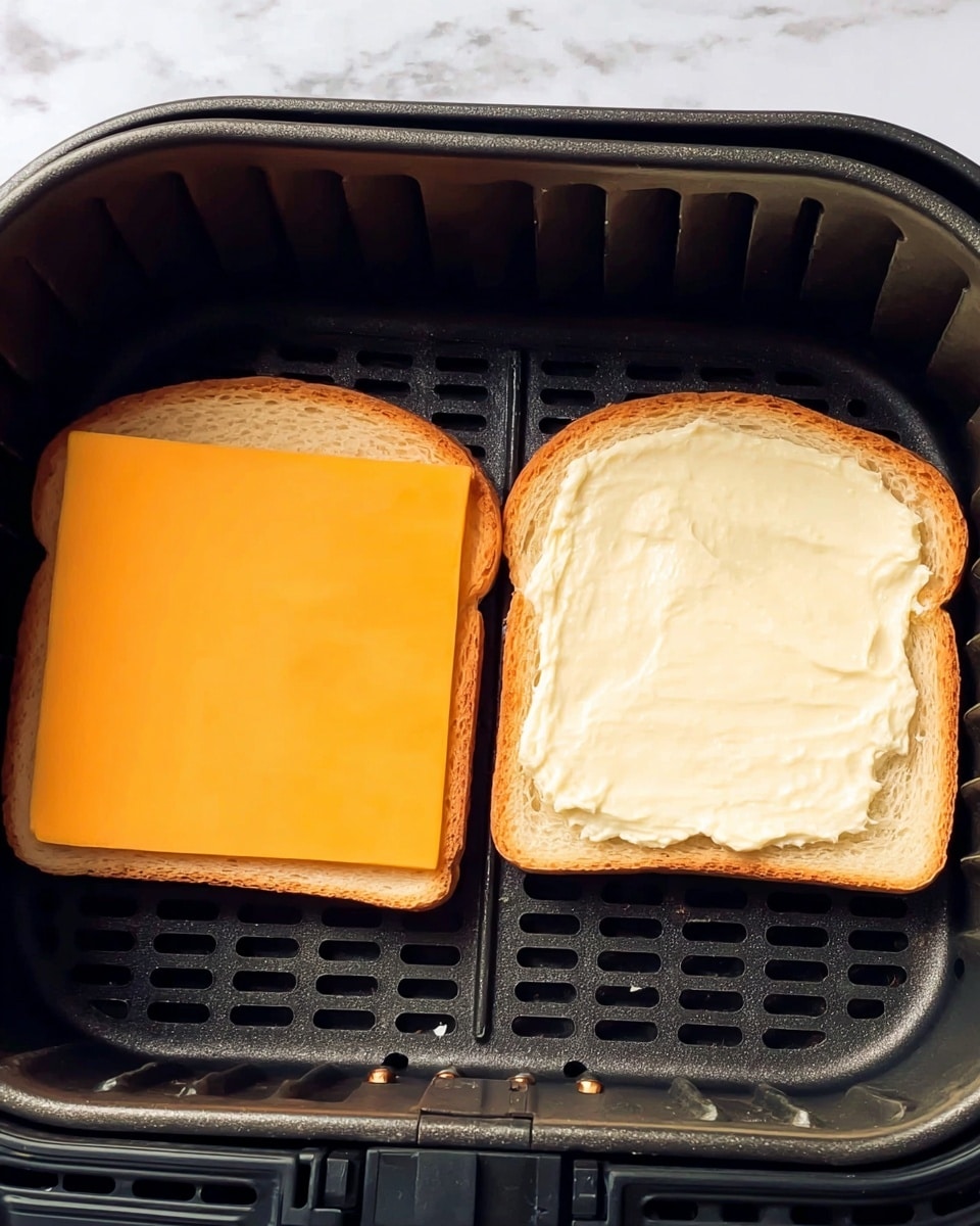 The image shows two slices of white sandwich bread, each with one layer of topping. The slice on the left has a thick, bright orange square slice of cheese placed flat on top, covering nearly the whole bread surface. The slice on the right has a smooth, creamy, white spread applied evenly, covering the entire surface of the bread. Both slices are placed inside a black air fryer basket with a grid pattern, set against a white marbled surface background. photo taken with an iphone --ar 4:5 --v 7