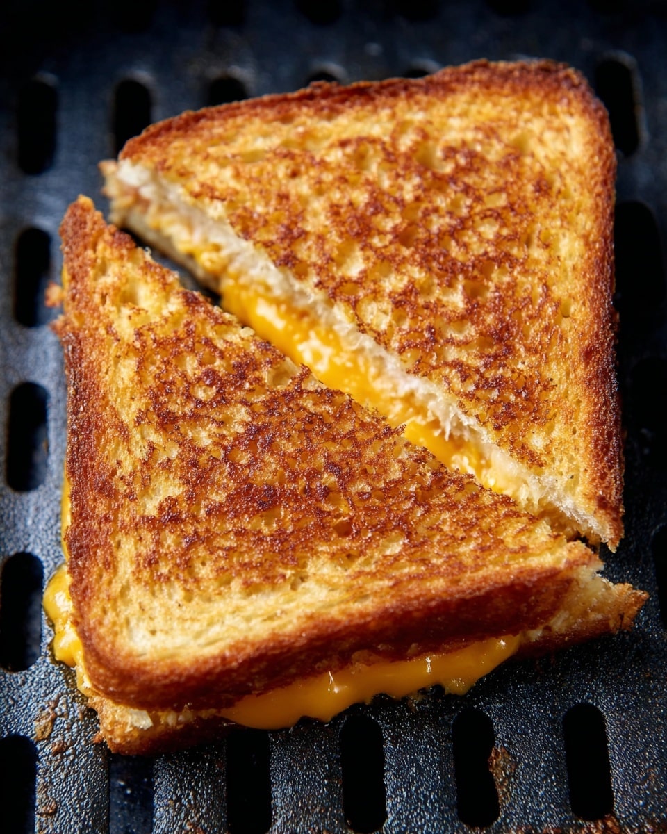 A close-up view of a grilled cheese sandwich cut diagonally into two triangular halves, placed on a black grill surface with small rectangular holes. The sandwich has two thick slices of golden-brown toasted bread with a crispy, textured surface showing various shades of brown from light to dark. Between the slices, a layer of melted, bright orange cheese is slightly oozing out along the bottom edge. The sandwich edges are well-toasted, giving a crunchy look to the thick bread. photo taken with an iphone --ar 4:5 --v 7