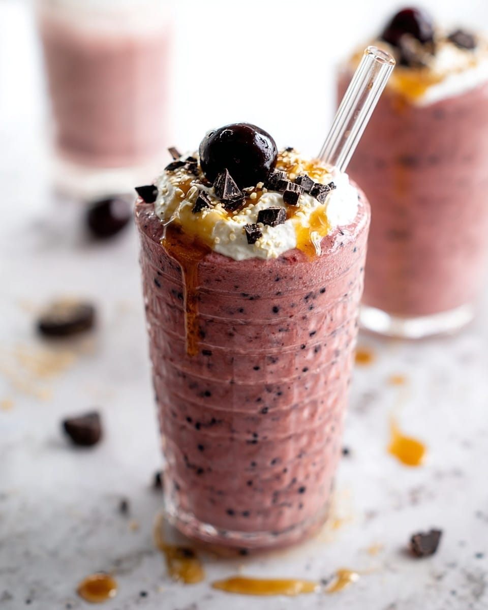 The image shows a tall, clear glass with a textured surface filled with a thick pink smoothie that has small dark specks throughout. The top layer is decorated with a white dollop of whipped cream drizzled with golden honey, scattered dark chocolate chunks, and topped with a shiny black cherry. A clear straw is inserted into the smoothie. The background is a white marbled surface with some scattered chocolate pieces and drops of honey around the glass, and another similar glass blurred in the background. photo taken with an iphone --ar 4:5 --v 7