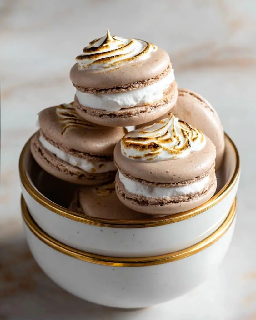Chocolate French Macarons with Marshmallow Filling and Mexican Hot Chocolate Glaze Recipe