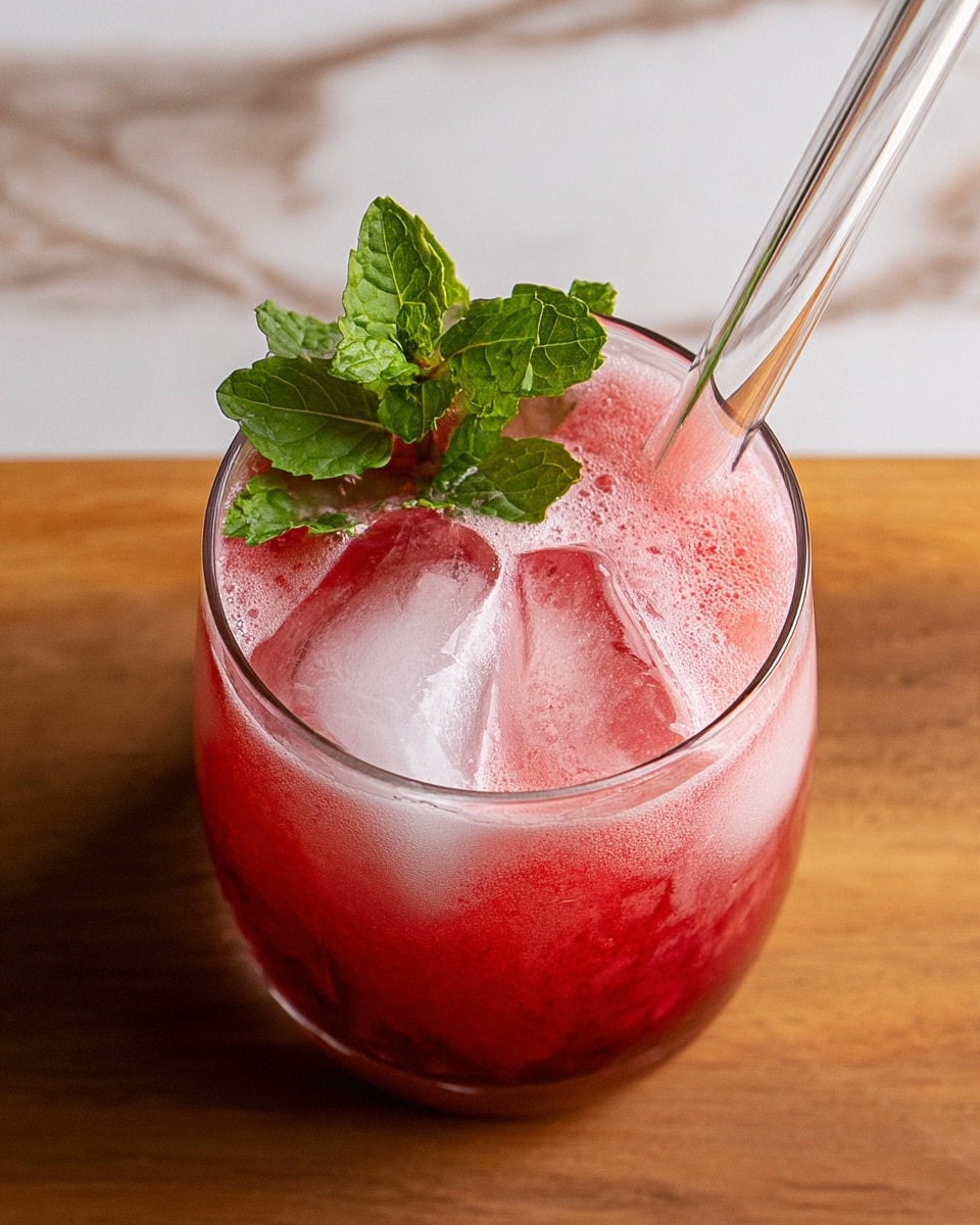 A clear round glass filled with a bright pink-red drink layered with two large, clear ice cubes floating near the top, creating a contrast of cool, smooth texture against the bubbly, frothy surface of the drink. On top of the ice sits a small bunch of fresh green mint leaves, adding a pop of color and freshness. A transparent straw is placed on the right side inside the drink, angled outward. The glass is set on a wooden surface with a warm brown tone, but the background is changed to a white marbled texture. photo taken with an iphone --ar 4:5 --v 7