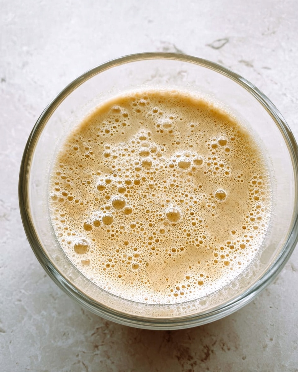 A clear glass bowl filled with a light tan liquid that has many tiny bubbles on the surface, giving it a frothy texture; the bowl sits on a white marbled texture. photo taken with an iphone --ar 4:5 --v 7