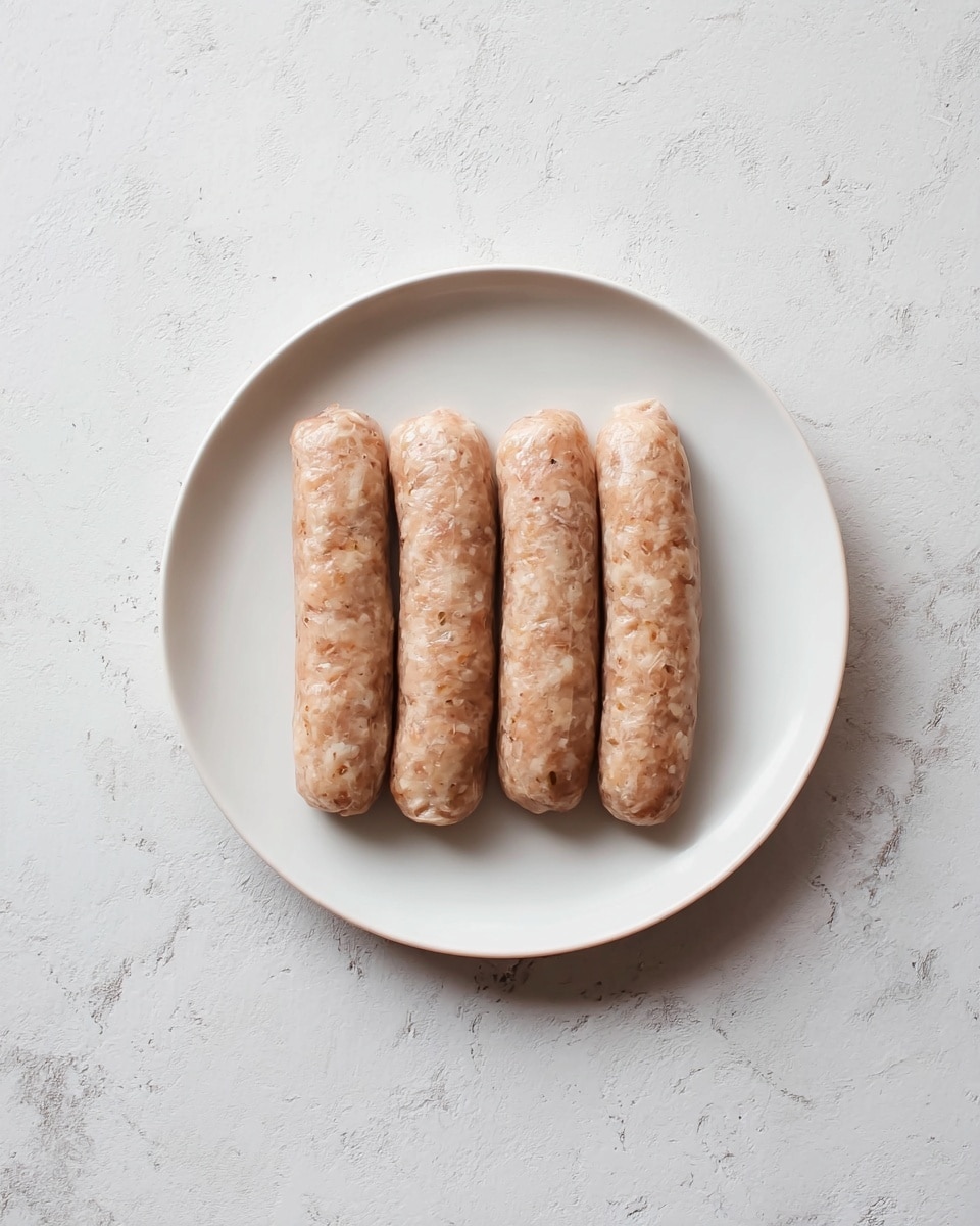 Four uncooked sausage-shaped meat pieces, light beige with small darker and white specks, are placed side by side in a horizontal row on a plain white round plate. The plate sits on a white marbled textured surface, and the meat pieces have a soft, slightly rough texture. Photo taken with an iphone --ar 4:5 --v 7