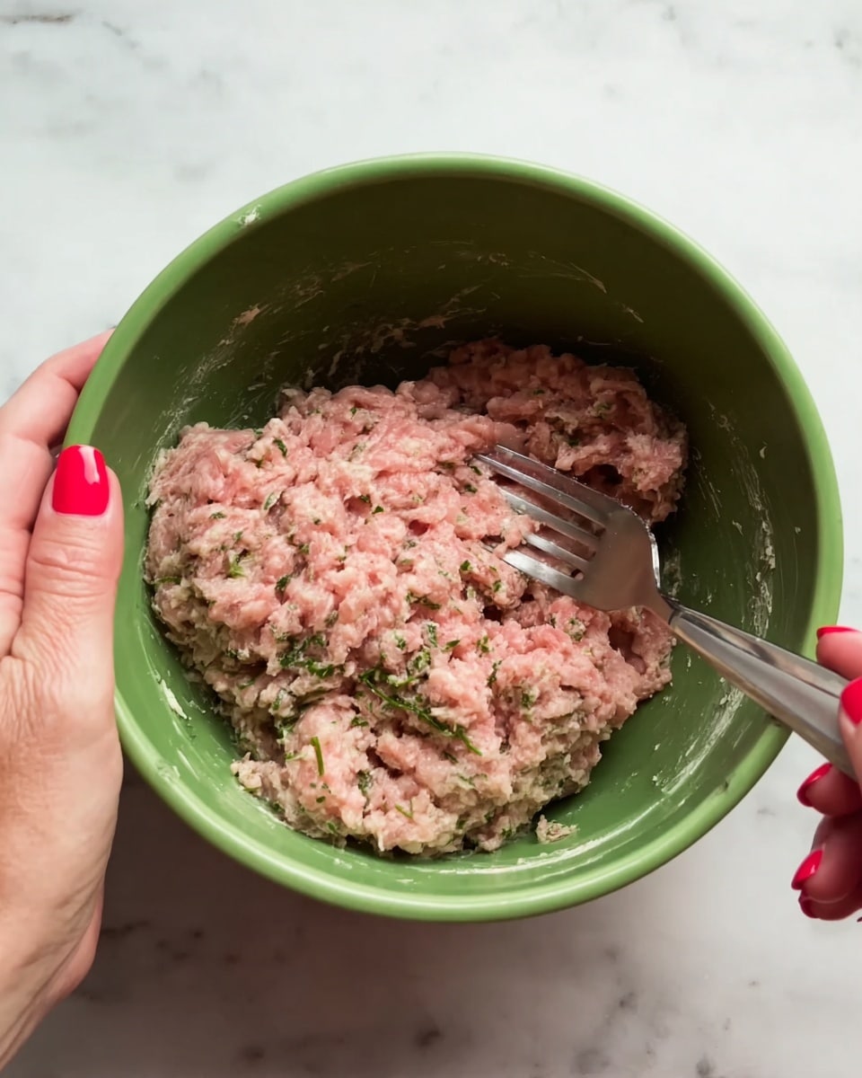 A close-up view of a green mixing bowl filled with light pink, minced meat mixed with herbs and seasonings. The pink mixture has visible small bits of green herbs and a slightly soft texture. A woman's left hand with red nail polish holds the bowl on the left side, while her right hand uses a metal fork to mix the contents inside the bowl. The bowl is placed on a white marbled surface. photo taken with an iphone --ar 4:5 --v 7