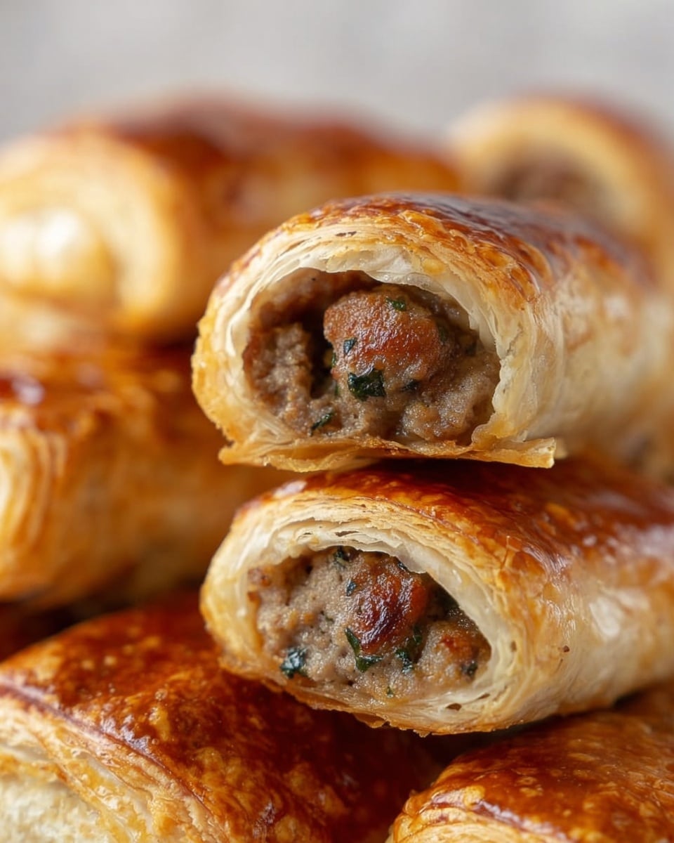 The image shows a close-up of several golden-brown sausage rolls stacked together on a white marbled surface. Each roll has multiple layers of flaky, crispy pastry forming a shiny, slightly glossy crust on the outside. Inside, there is a layer of cooked sausage meat mixed with bits of herbs, showing a rough, moist texture with darker green flecks. The sausage filling is tightly wrapped by the pastry layers, which have a light, buttery color inside, contrasting with the rich browned exterior. Photo taken with an iphone --ar 4:5 --v 7