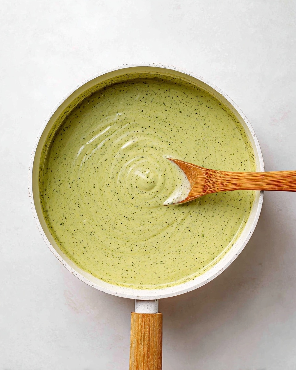 A top view of a white saucepan filled with a smooth, creamy light green sauce that has small darker green specks throughout. The sauce shows gentle swirls on the surface indicating it has been stirred. A wooden spoon with a medium brown handle rests inside the saucepan at the right side. The pan sits on a white marbled textured surface. photo taken with an iphone --ar 4:5 --v 7