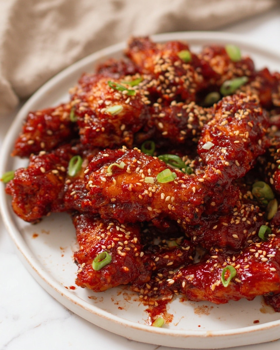A white plate holds a pile of chicken wings covered with a thick red sauce that looks sticky and shiny. The wings are sprinkled with light brown sesame seeds and small green onion slices scattered around. The sauce coats the wings evenly, showing some crispy texture beneath. The background is a white marbled surface with a soft cloth blurred in the distance. photo taken with an iphone --ar 4:5 --v 7