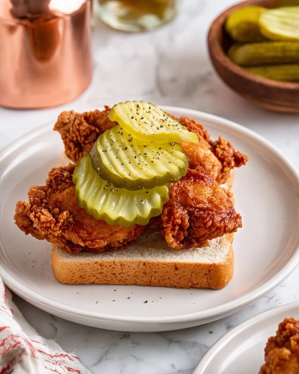 A close-up view of a simple open sandwich on a white plate set on a white marbled surface. The base layer is a square white bread slice, soft in texture with a light tan crust. On top, there are two pieces of fried chicken with a crispy, dark golden brown crust, showing a crunchy texture. Above the chicken, two thick, wavy-edged slices of green pickles with a glossy shine rest in the center, sprinkled lightly with black pepper. The sandwich is surrounded by a few other items blurred in the background, including a wooden bowl with more pickles and a copper colored mustard bottle. Photo taken with an iphone --ar 4:5 --v 7