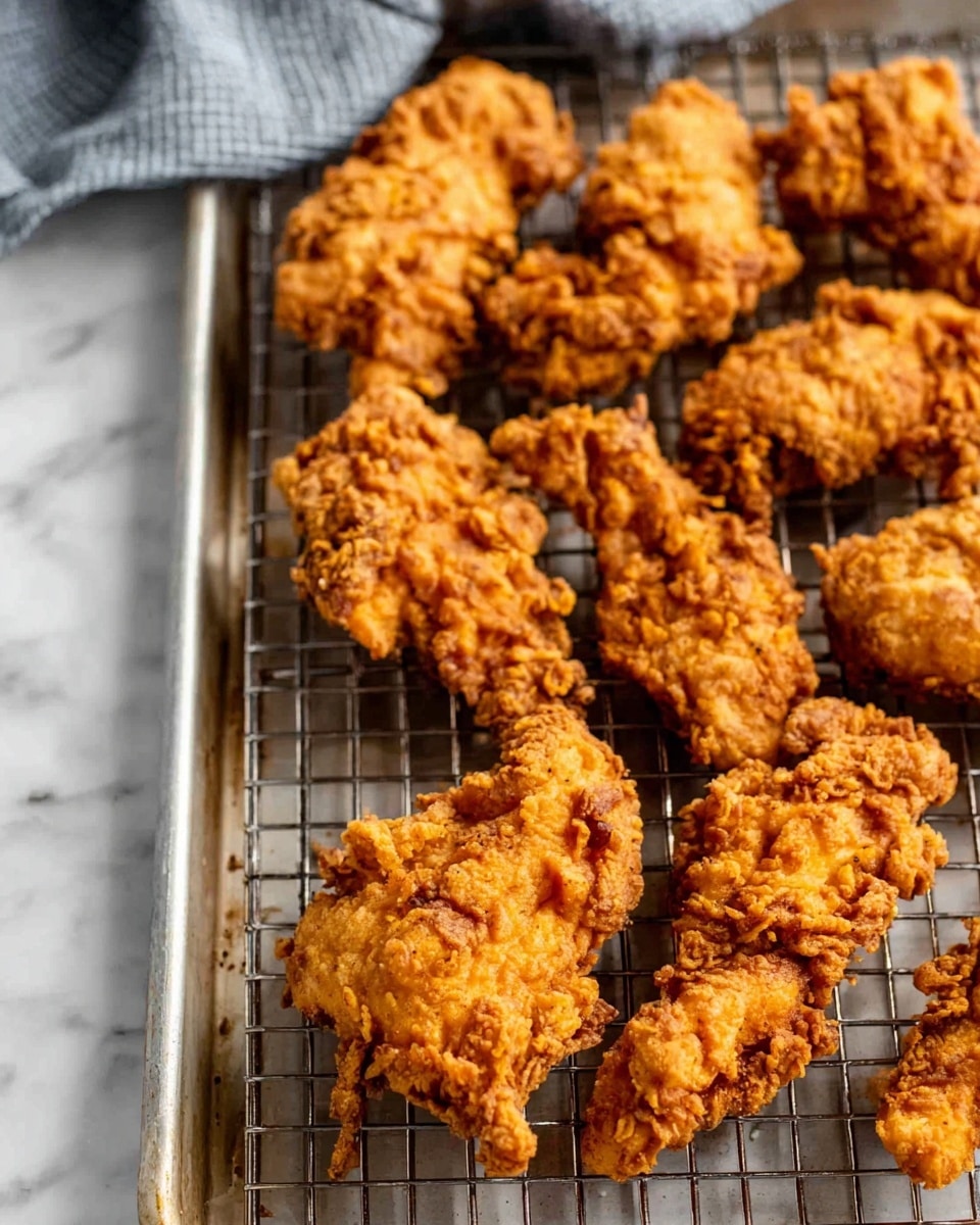 The image shows several pieces of crispy fried chicken tenders placed on a metal cooling rack, which is set on a baking sheet. Each tender has a golden brown, crunchy texture with uneven, craggy edges and a well-fried coating. The chicken pieces are arranged closely but not overlapping, revealing their varied sizes and shapes. The background features a white marbled surface with a soft gray cloth partially visible in the top left corner. Photo taken with an iphone --ar 4:5 --v 7