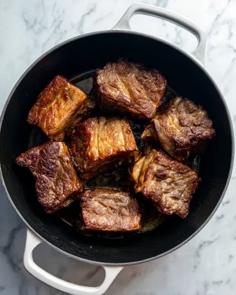 The image shows seven large pieces of cooked meat placed inside a black pot with white handles on each side. The meat pieces vary in shape but are mostly rectangular with visible browning and slight charring on the surfaces, giving a textured and slightly crispy appearance. They are arranged irregularly within the pot so that some pieces overlap or touch each other. The background is a white marble surface. photo taken with an iphone --ar 4:5 --v 7