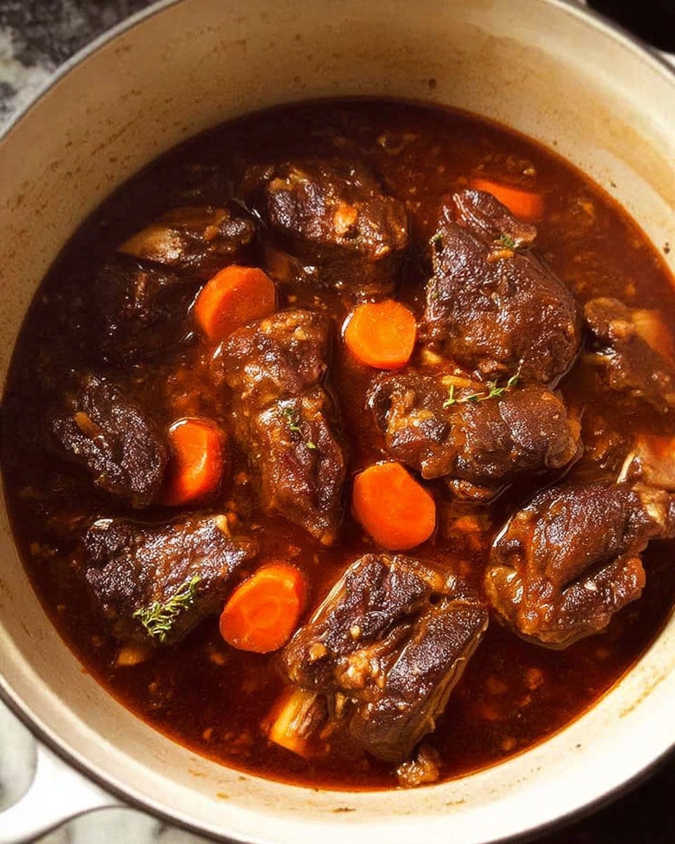 A white pot filled with several dark brown cooked meat pieces arranged with small bright orange carrot slices scattered on top and floating in a deep reddish-brown broth; the meat has a rich, slightly shiny texture, and some pieces include visible bone sections. The white marbled surface beneath the pot is visible at the edges of the image. Photo taken with an iphone --ar 4:5 --v 7